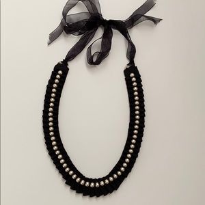 Pleated ribbon and pearl necklace